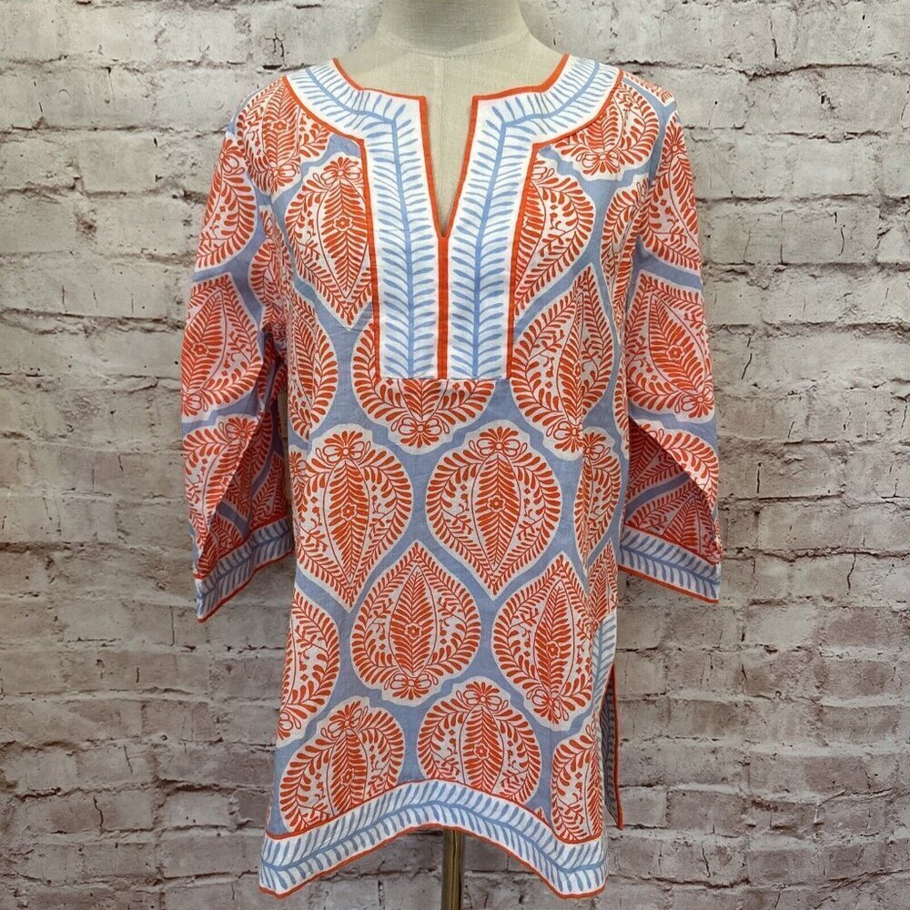 Gretchen Scott Womens Popover Shirt Tunic Coral Orange Blue Beachy Resort Size S
